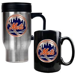 New York Mets MLB Stainless Steel Travel Mug & Black Ceramic Mug Set - Primary Logo by Great American Products