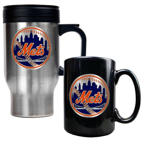MLB New York Mets Stainless Steel Travel Mug & Black Ceramic Mug Set - Primary Logo