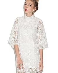General Print Lace Turtleneck Flared-Skirt 3/4 Sleeves  Dress