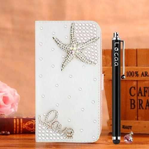 Locaa(TM) HTC Desire 616 3D Bling Case + Phone stylus + Anti-dust ear plug Deluxe Luxury Crystal Pearl Diamond Rhinestone eye-catching Beautiful Leather Retro Support bumper Cover Card Holder Wallet Cases - [General series] camellia flower