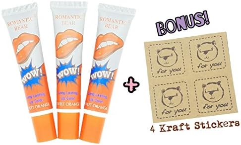3-PACK Peel-Off Colored Lip Stain Gloss + Bonus "For You" Kraft Stickers | Choose from SIX Luscious, Sexy Colors | Apply, Let Dry, Peel Away, and Look Beautiful! (Sweet Orange)