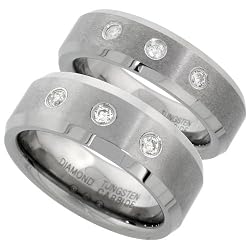 Tungsten Carbide His (8mm) and Hers (6mm) 3-Stone Comfort Fit Wedding Band Set, w/ 0.34 Total Carat (.12 and .22) Brilliant Cut Diamonds; (Men's Sizes 8-13, Ladies' Sizes 5-9.5) Ladies' size 9.5