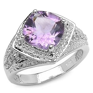 3.10 Carat Cushion-cut Genuine Amethyst and White Topaz Sterling Silver Ring by