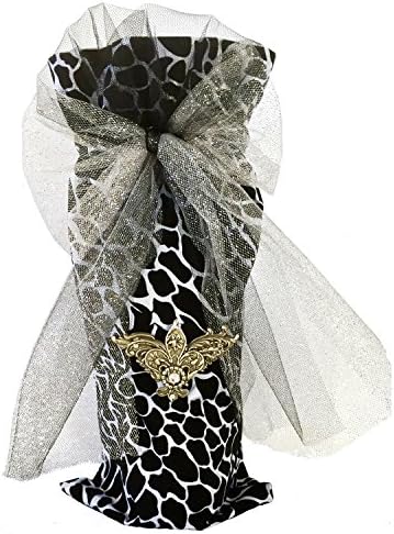 Designer Fabric Reusable Wine Gift Bag with Drawstring Ties, 4 Wine Glass Charms and Decorative Medallion (Black &amp; White with Fleur di Lis)