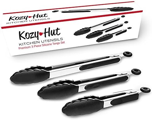 Premium Kitchen Tongs - Set of 3 (7, 9 &amp; 12 Inch) Heavy Duty Stainless Steel with Heat Resistant, Non Stick Silicone Heads in Black are Restaurant Quality to Compliment any Kitchen