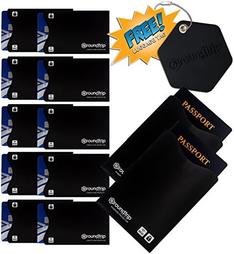 RFID Blocking Sleeves (10 Credit Card &amp; 2 Passport Protectors &amp; FREE Luggage Tag) #1 Identity Theft Protection Travel Case Set. Smart Holders Fit Wallets, Purses, &amp; Cell Phones for Men &amp; Women (Black)