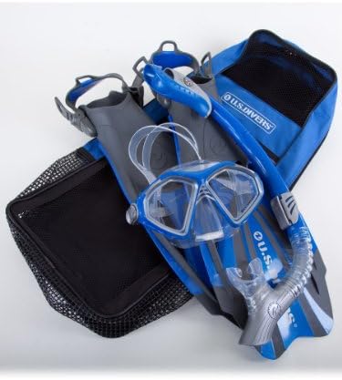 US Divers Deluxe Snorkeling Set with Purge Mask, Dry Snorkel, Adjustable Fins, Tote Bag