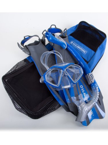 US Divers Deluxe Snorkeling Set with Purge Mask, Dry Snorkel, Adjustable Fins, Tote Bag