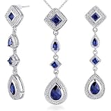 Unique Style Princess Checkerboard Cut Created Blue Sapphire Pendant Earrings Set in Sterling Silver
