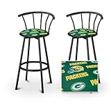 2 Green Bay Packers NFL Football Themed Specialty / Custom Black Barstools with Backrest Set 2 Green Bay Packers NFL Football Themed Specialty / Custom Black Barstools with Backrest Set