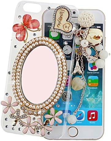 Ancerson Hard Back Case for Apple iPhone 6 Plus (5.5") Golden Wooden I LOVE YOU Love Heart Eiffel Tower Lace White Pearls Rose Flowers Pendant Tassel 3D Handmade Luxury Shining Glitter Crystal Diamond Rhinestones Cover Free with a Red Stylus Touchscreen Pen, a 3.5mm Universal Crystal Diamond Rhinestones Bling Lovely Silvery Flower Blue Panda Pendant Dust Plug and a Cleaning Cloth (Transparent Clear) (Golden White Pearls Princess Make Up Makeup Mirror Pink Butterfly Daisy)