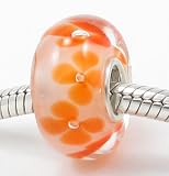 (Free Shipping) Pink and Orange Hawaii Flower Garden European Murano Style Glass Bead Charm with Solid Sterling Silver Single Core Stamped 925 Fits Pandora Biagi Chamilia Troll Bracelets