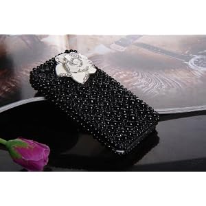 Smile Case 3D White Flower Black Pearl Bling Rhinestone Crystal Full Cover Case for AT&T Verizon Sprint iPhone 4 4S (4-3D White Flower Black Pearl)