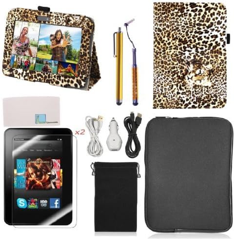 Llamamia Folio Stand PU Leather Case Cover Bundle for Kindle Fire HD 7 Inch (2012 Version) with Car Charger, Two 6F Cables, Velvet Bag, Zipper Sleeve Bag, 2 Screen Protectors, 2 Stylus(Not Compatible with Kindle Fire HD 7 2013 Release)(Brown Leopard)