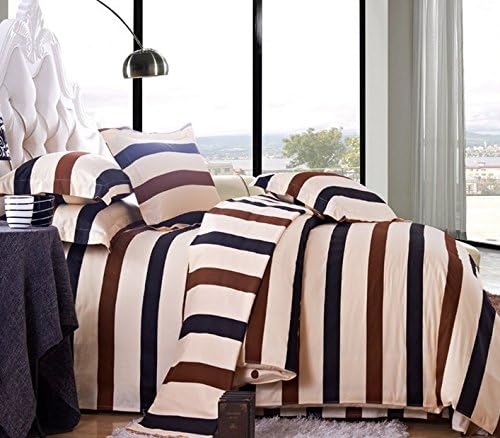 Soft Cotton Bedding Set, Colorful Stripe Printed- 4-piece Set with Duvet Cover, Flat Sheet & Pillow Cases (Queen, Black and Coffee Stripe)