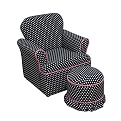 Kid's Rolled Arm Chair and Ottoman Set - Black w/ White Polka Dots and Pink Piping