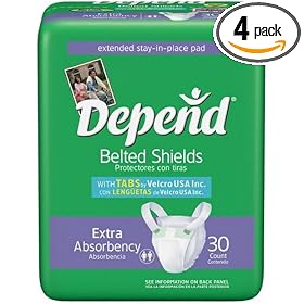 Depend Belted Shields with Tabbed Straps, Extra Absorbency, Case of Four-30 Count (120 Undergarments)