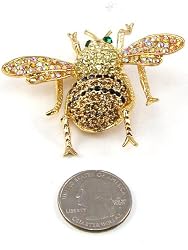 Adorable Ice, Amber & Black Crystal Honeybee Broach Lapel Pin - Goldtone Finish