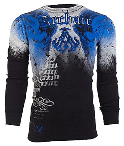 Archaic AFFLICTION Men THERMAL Shirt NIGHTWATCHER Skull Tattoo Biker BLue