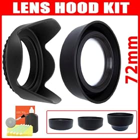 3 Steps Rubber Lens Hood + Hard Tulip Lens Hood + Lens Cleaning Kit for Nikon D40 D50 D60 D70 D80 D40X D90 D80 D70 D70s + ANY Lens with 72MM FILTER THREAD!!