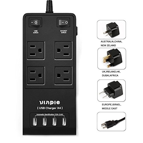 Portable International with 4-USB Output Surge Protector, T Charging Station for iPhone, iPad, Samsung, Tablet 5ft