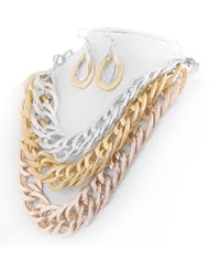 CHUNKY Three-Layers CURB Choker Necklace in Silver/Gold/Copper Tones With Matching Earrings. Necklace: 18 inches. With Adjustable Clasp. One Size Fits All. Lead Free. With Free Gift Box.