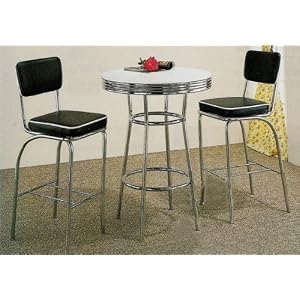 3pc Retro Fountain Style Chrome and Black Finish Bar Table and 2 Stools Set by Coaster Company