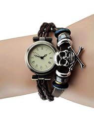 Womens Retro Vintage Quartz Silver Skull Weave Wrap Faux Leather Bracelet Wrist Watch