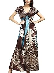 V-neck Short Sleeves Leopard Print Polyester/Spandex Maxi Dress 