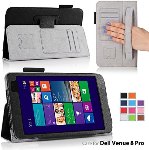 FOR Dell Venue 8 PRO PREMIUM QUALITY PU LEATHER FOLIO PROTECTIVE CASE COVER STAND, MICROFIBER INNER, STYLUS SLOT, Hand Strap and Credit Cards Holders!