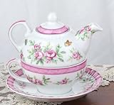Victorian Shabby Chic Pink Flower Teapot & Cup - Tea for One Tea Pot Cup Set
