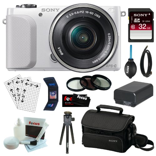 Sony NEX-3NL 16.1MP Compact Interchangeable Lens Digital Camera includes SELP1650 16-50mm F3.5-5.6 Zoom Lens with 3-inch LCD and Full HD Movie Mode in White + Sony 32GB SDHC + Mini HDMI Cable + Replacement Battery Pack + 3-Piece Filter Set + Sony Camera C On Sale