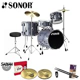 Sonor Safari Black Galaxy Sparkle Drum Kit with Sabian SBR Cymbals, Hi-Hat Stand, Cymbal Stand, Drum Throne, Foot Pedal, Vic Firth/GoDpsMusic Drumsticks, Evans Drumset Survival Guide and LP Rumba Shaker