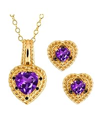 3.15 Ct Heart Shape Purple Amethyst 18k Yellow Gold Pendant Earrings Set