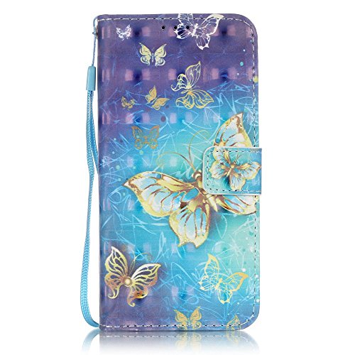 Samsung Galaxy S7 Edge Case Cover [with Free Screen Protector], Funyye Practical Fashionable New 3D Patterns PU Folio Leather Wallet Designer Flip Magnetic with [Wrist Strap] and [Card Holder Slot] Shock Absorber Full Body Protection Holster Case Cover Skin Shell for Samsung Galaxy S7 Edge - Blue Gold Butterflies