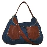 Denim Tan Trimmed Studded Hobo Shoulder Bag -- SwankySwans