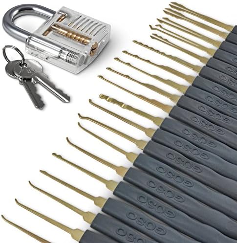 Premium 24 Piece Advanced Practice Lock Pick Set with Transparent Pad Lock and Guide Book. Perfect for frustration free, user friendly learning