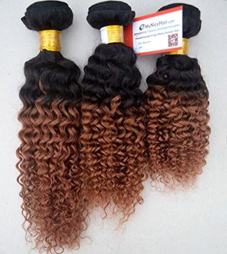 MyNiceHair-- 3 Bundles/lot 10 12 14 Inches Brazilian Two Tone Ombre 1B#/30# Human Remy Hair Extensions Weave Kinky Curly 300grams, Thick and full