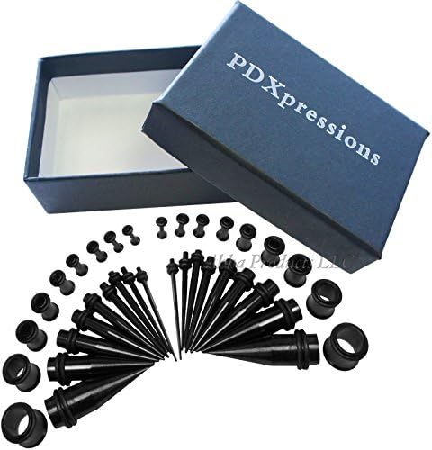 36pc Gauges Kit TITANIUM Ear Gauging Stretching Tunnel &amp; Taper black Starter Set