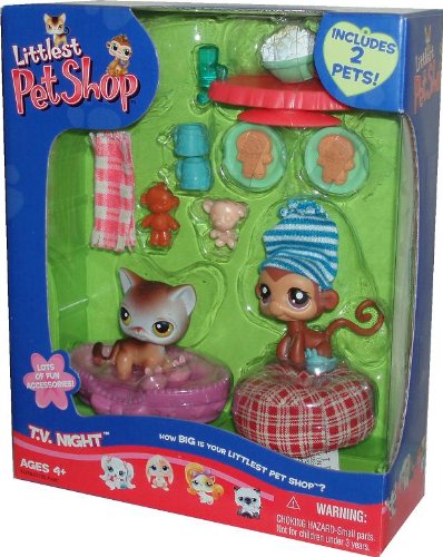Littlest Pet Shop Year 2006 Collectible Boxed Gift Set - TV NIGHT with Siamese Cat and Monkey Plus Table - Popcorn - 2 Cups - 2 
