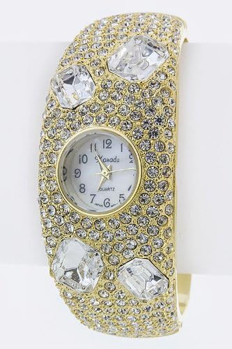 Trendy Fashion Jewelry Bling Out Crystal Bangle Watch By Fashion Destination | (Gold)