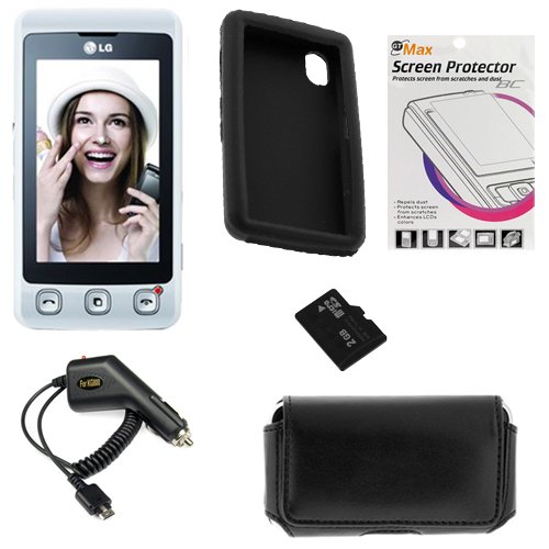 LG KP500 Cookie Unlocked GSM Phone with 3.2 MP Camera, Digital Media Player, and MicroSD Slot--International Version with No Warranty (White) 6 Items bundle kit: Cell Phone + Rapid Car Charger + 2GB microSD Card + Black Silicone Skin Case + Clear LCD Screen Protector + Black Horizontal Pouch Case