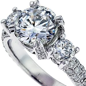 3.60 CT DTW G SI-1 3 STONE ravishing round cut diamond engagement ring micro pave style 18kt white gold