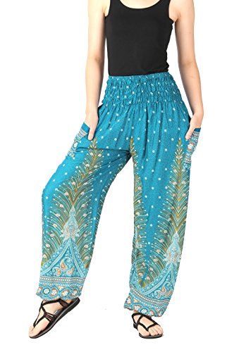 Rayon One Size Womens Smocked Waist Floral Peacock Baggy Harem Pants (Dark Green)