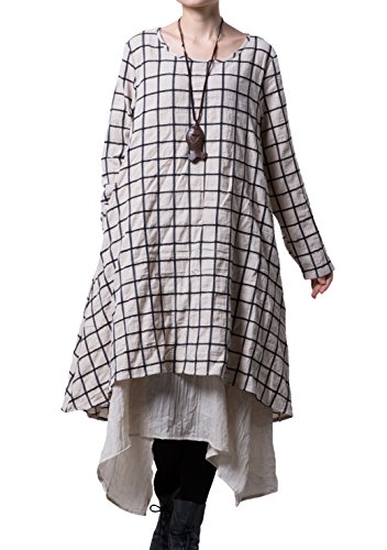 Mordenmiss Women's New Plaid Layers Irregular Hem Dress (1X, Beige)