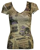 Ladies Sublimation Newspaper Printed Slashed Top Yellow Beige