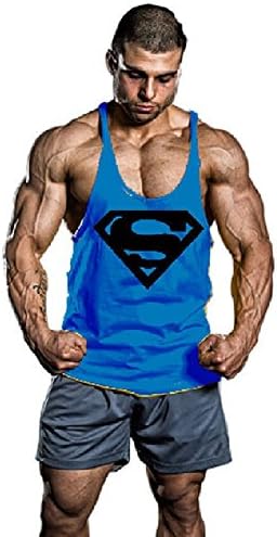 Men's BodyBuilding Superman S Logo Tank Top Stringer Gym Shirt (XX-Large, Blue)