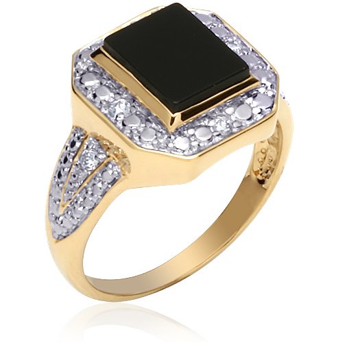 Debonair Style: Gold Vermeil Two-Tone Onyx Ring with CZ Diamond for Men
