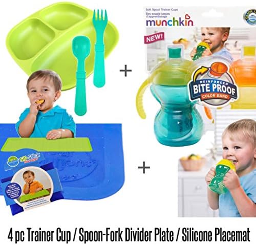 4pc Baby Gift Set With Munchkin Sippy Cup, Silicone Placemat, Toddler Plates Divided With Fork And Spoon Set - BPA Free