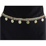 Dainty Brass Hip Chain Belt with Jingling Coins and Red and Green Painted Details, Fits waist or hips 34" - 38". Chain Link Belt for Belly Dancing or Casual Wear